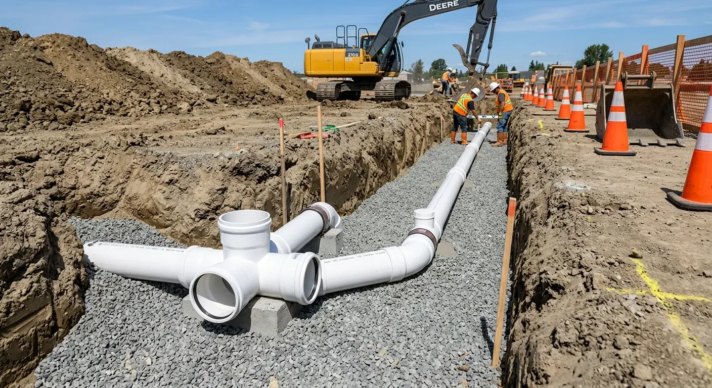 New PVC sewer pipe installation in open trench for Commercial Drain Cleaning in Fostoria