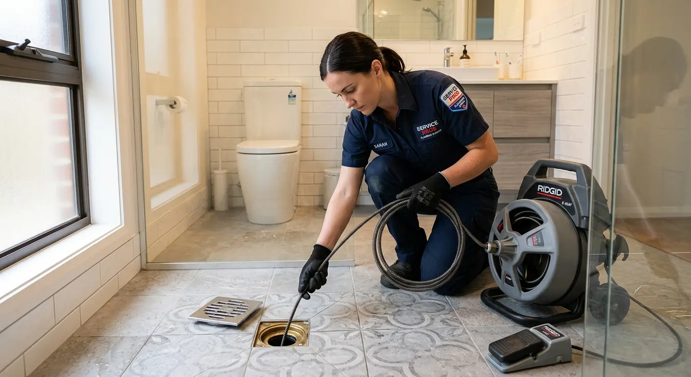 Technician clearing a bathroom floor drain for Drain Cleaning in Fostoria